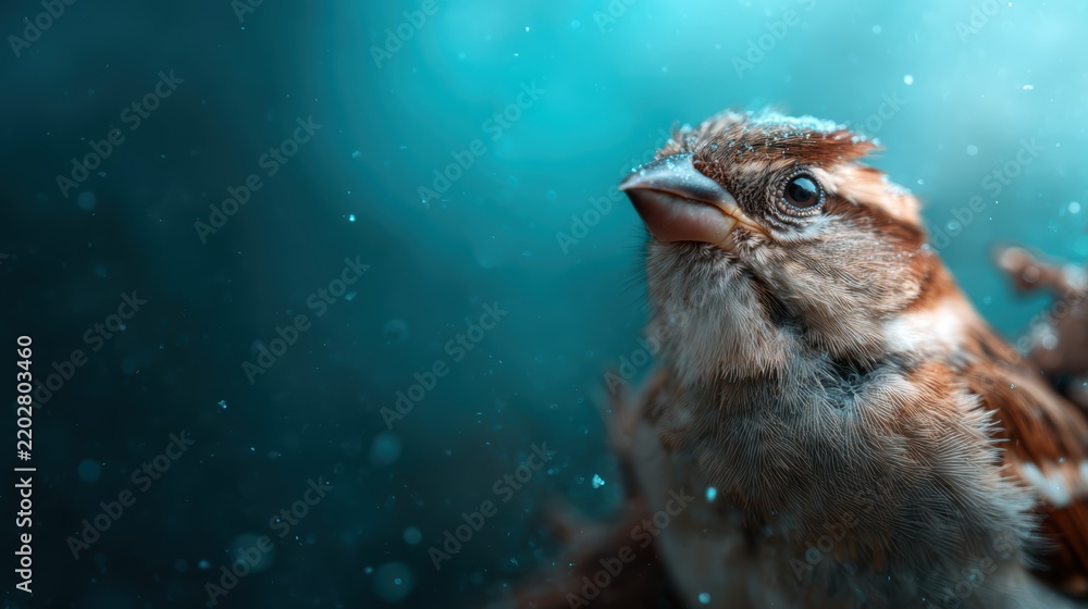 Obraz premium A close-up of a charming bird gazes upward amidst a backdrop of mesmerizing blue tones, capturing the essence of nature and the beauty of wildlife in a unique perspective.