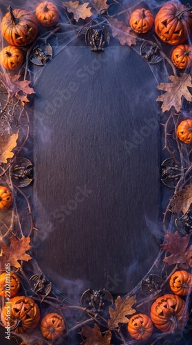 Halloween pumpkin and bat border surrounding dark blank slate background with copy empty space for text or photo