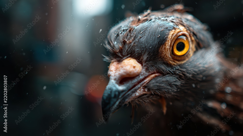 Obraz premium An intense close-up image showing a bird with bright eyes and wet feathers during rainfall, revealing the resilience and beauty of wildlife amidst challenging weather conditions.