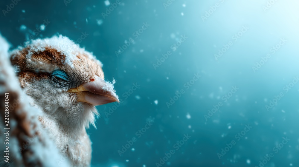 Obraz premium A serene bird covered in snowflakes, perched delicately amidst an icy landscape, encapsulating the essence of winter and the beauty of nature in its tranquil moment.
