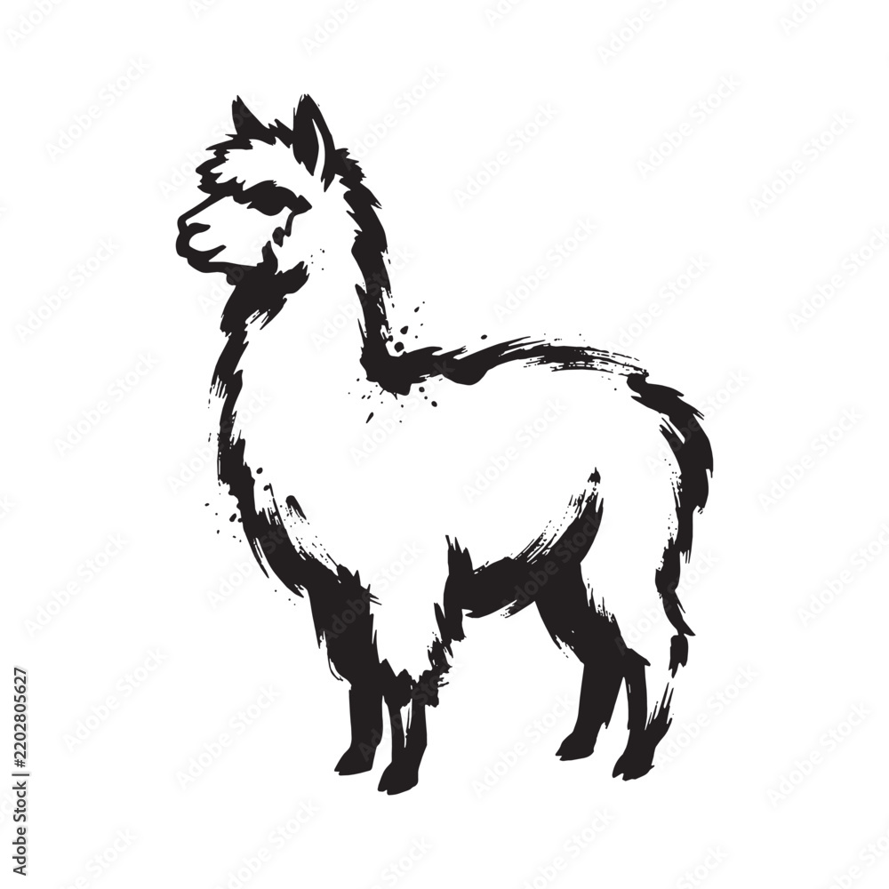 Fototapeta premium Sumi-e ink wash painting, minimalist alpaca illustration featuring expressive black brush strokes and ink splatters on white.