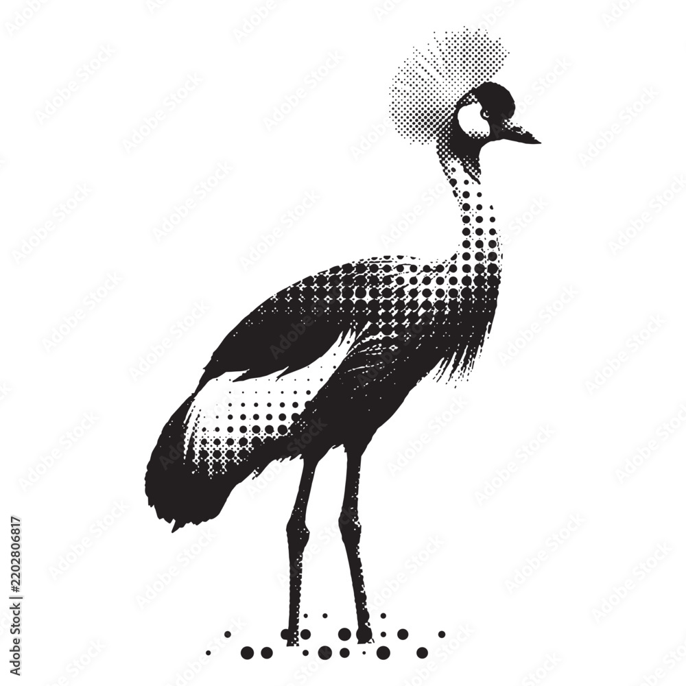 Obraz premium Stylized Grey Crowned Crane Bird Illustration with Halftone Rasterized Screenprint Dots and Stippling Effect