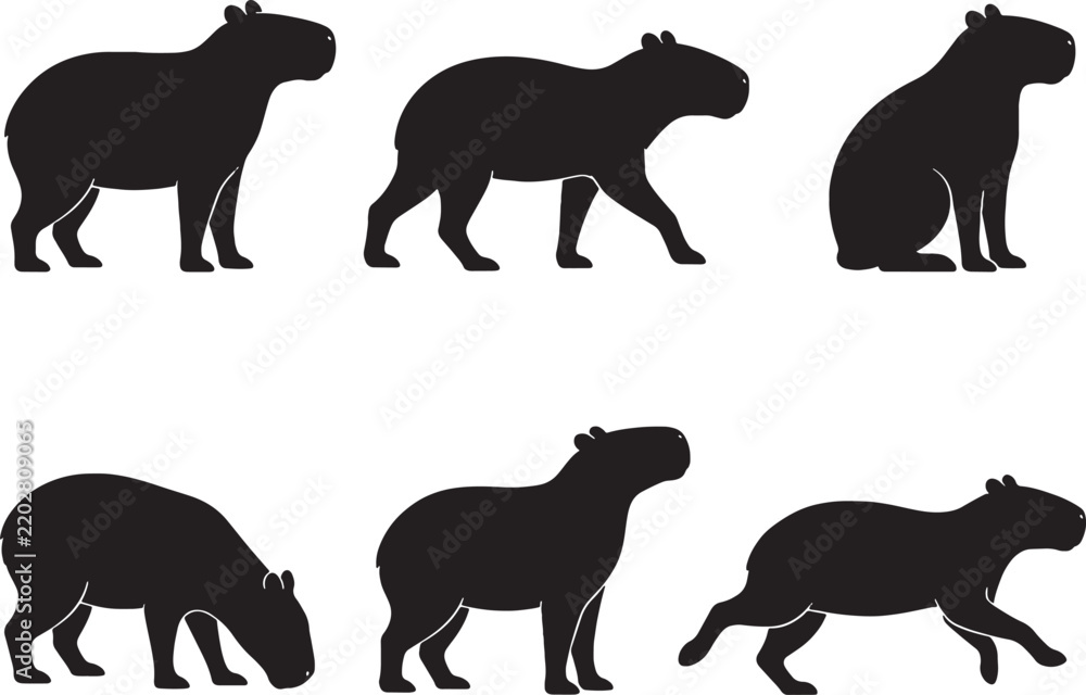 Fototapeta premium Capybara Silhouette Icon Set with Six Distinct Animal Poses