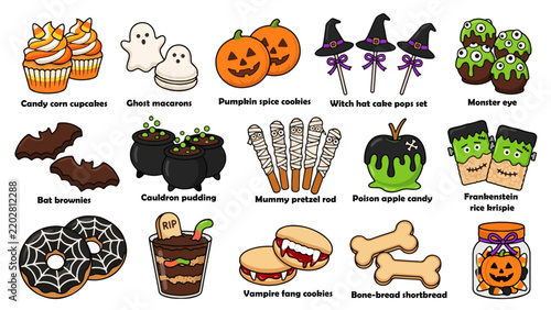Cute Halloween spooky treats and desserts vector set with cupcakes, ghost macarons, pumpkin spice cookies, witch hat cake pops, monster eye cupcakes, bat brownies, cauldron pudding, mummy pretzel rods