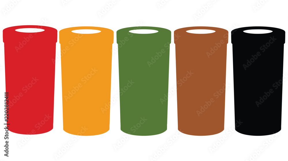 Fototapeta premium Trash vector can set featuring five colorful recycling bins