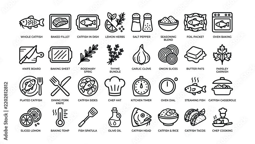 Obraz premium Collection of black line icons depicting catfish preparation cooking methods ingredients and kitchen tools