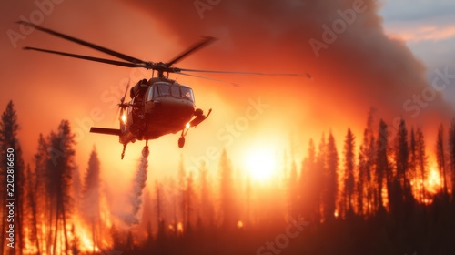 A helicopter performs a water drop over a large wildfire as flames engulf the landscape, showcasing the coordinated efforts to combat raging forest fires effectively.