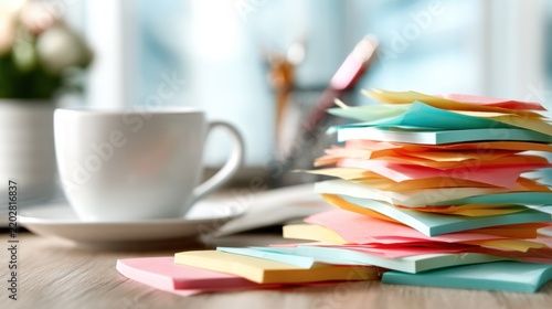An inviting workspace features a stack of colorful Post-it notes beside a steaming coffee mug, embodying the creativity of organization and the comfort of a productive environment.