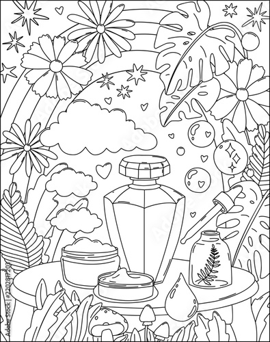 Surreal vector line art illustration featuring skincare beauty products, including perfume bottles, face cream jars, serum droppers, and vials surrounded by lush tropical flora, monstera, and flowers.