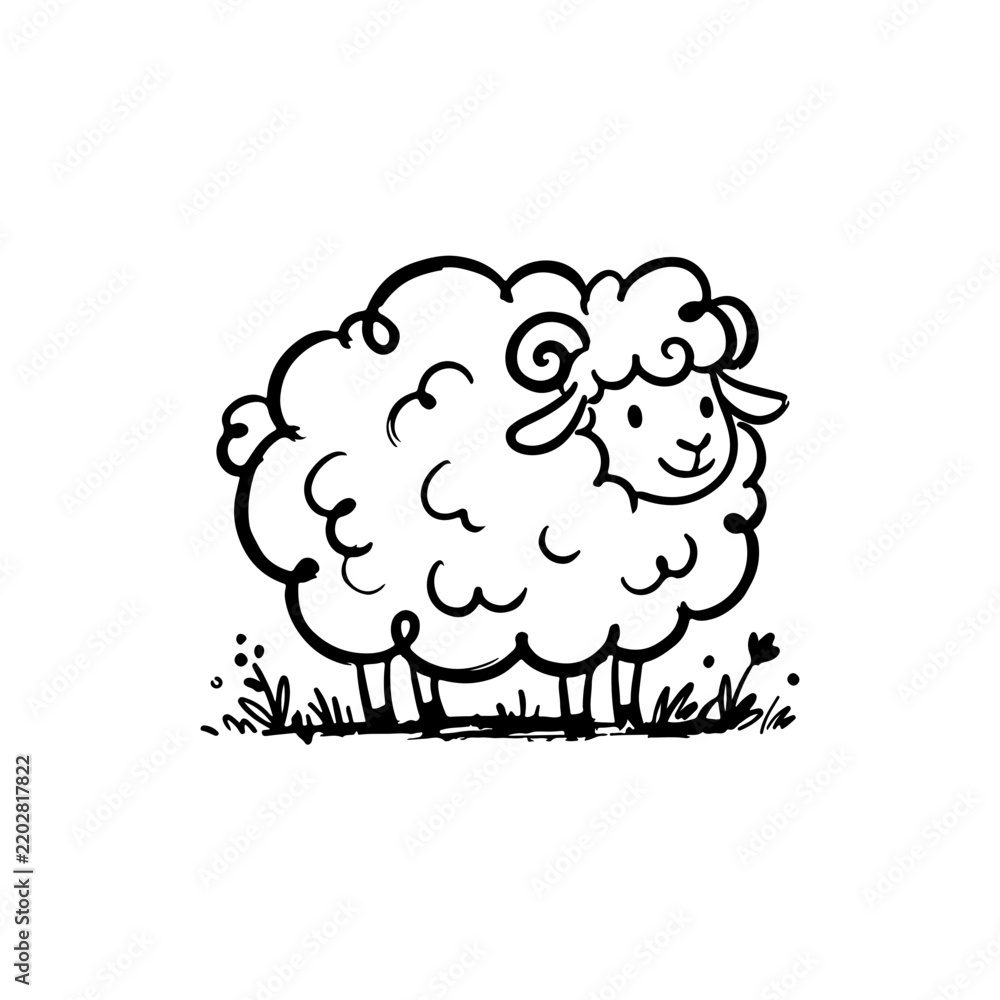 Obraz premium Cute Fluffy Sheep Standing with Woolly Texture and Sweet Farm Animal Character Vector illustration