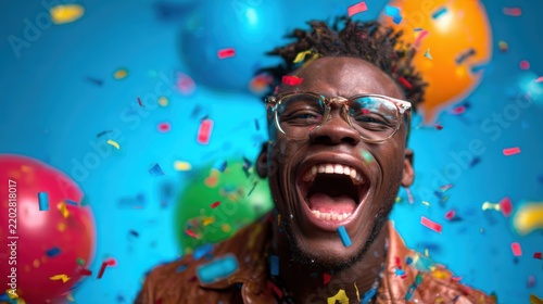 A jubilant man surrounded by colorful confetti and balloons, embodying the spirit of celebration and happiness in a lively and festive atmosphere that evokes joy.
