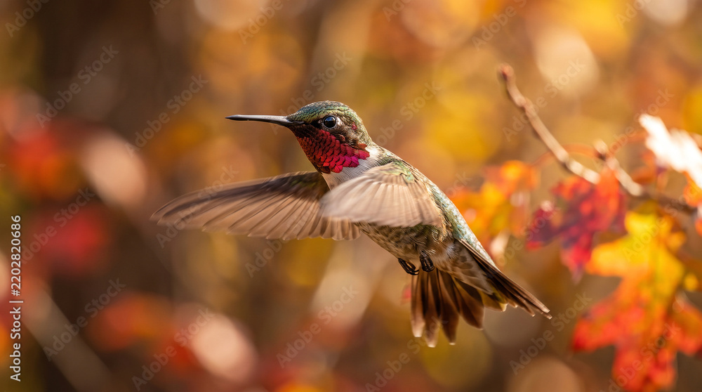 Fototapeta premium Ruby throated hummingbird hovering in flight feeding on pink fuchsia flower