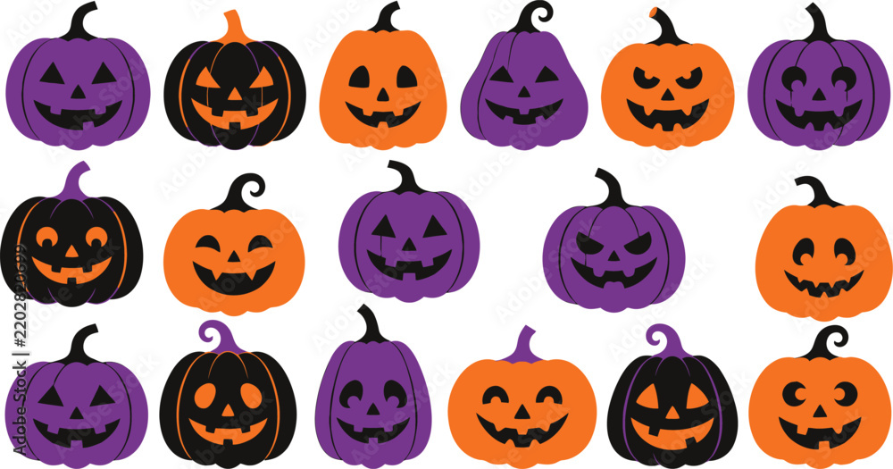 Obraz premium Colorful halloween jack o lanterns arranged in rows against a white background