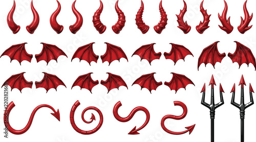 Red devil costume elements set with horns bat wings sharp pointy tails and tridents for scary halloween character design