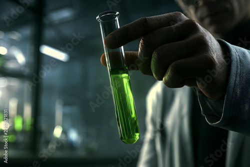 Scientist Holding Test Tube with Green Liquid During Laboratory Research.