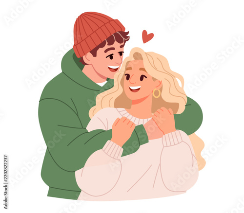 Young Happy Couple Embracing. Romantic Love, Affection and Relationship Concept. Vector Illustration.