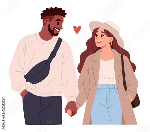 Young Happy Couple Holding Hands. Love, Dating and Romantic Relationship Concept. Flat Vector Illustration.