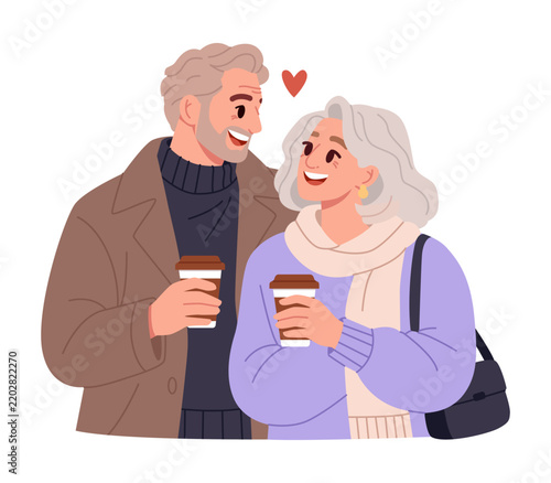 Happy Mature Couple Drinking Coffee Together. Senior Love and Lifelong Companionship. Vector Illustration.