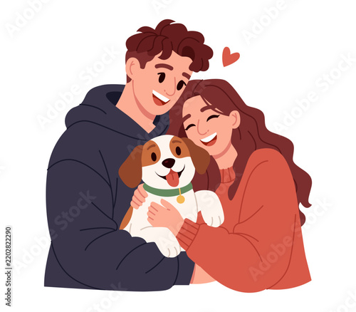 Happy Young Couple with Dog. Pet Love. Relationship and Family Lifestyle. Flat Vector Illustration.
