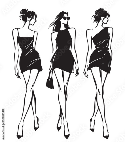 Cartoon abstract fashion models sketch in pants, black Stock Vector