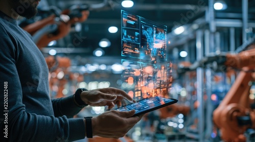 Man uses tablet to interact with holographic display in industrial setting