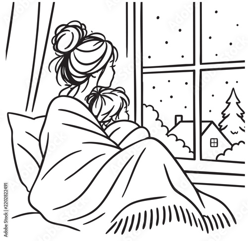Frozen woman under a plaid blanket, look on winter in window. Minimalist line sketch illustration Stock Vector