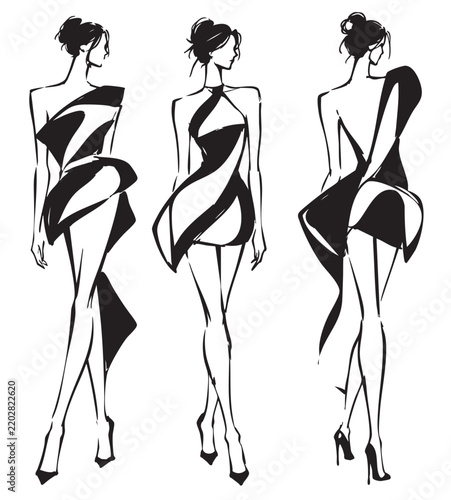 Cartoon abstract fashion models sketch in pants, black Stock Vector