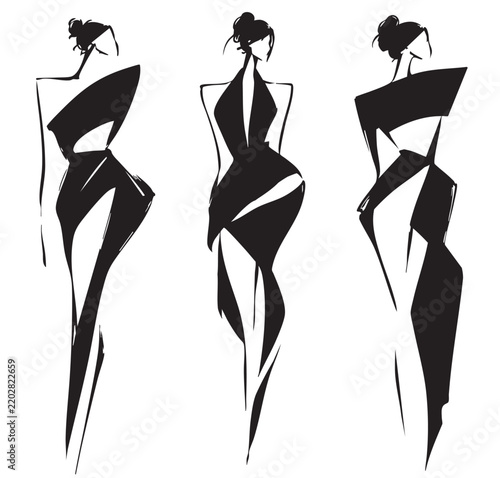 Cartoon abstract fashion models sketch in pants, black Stock Vector