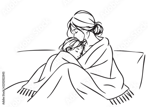 Frozen woman with child under a plaid blanket. Minimalist line sketch illustration Stock Vector