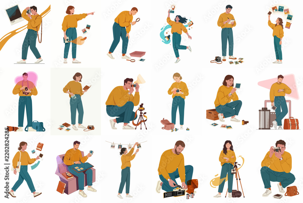 Fototapeta premium Collection of Diverse People Character Illustrations Focused on Photography Activities Including Shooting, Editing, and Handling Professional Camera Equipment and Photos.