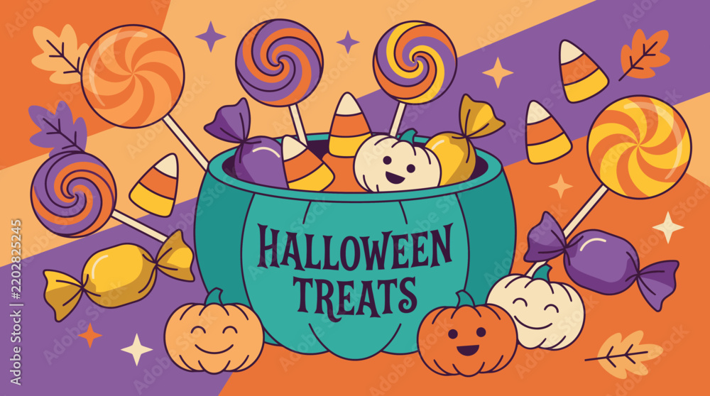 Naklejka premium Halloween treats with candy and pumpkins festive illustration