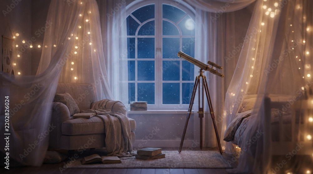 Fototapeta premium Dreamy Night Bedroom: Concept for Mental Health, Imagination, and Inner Peace