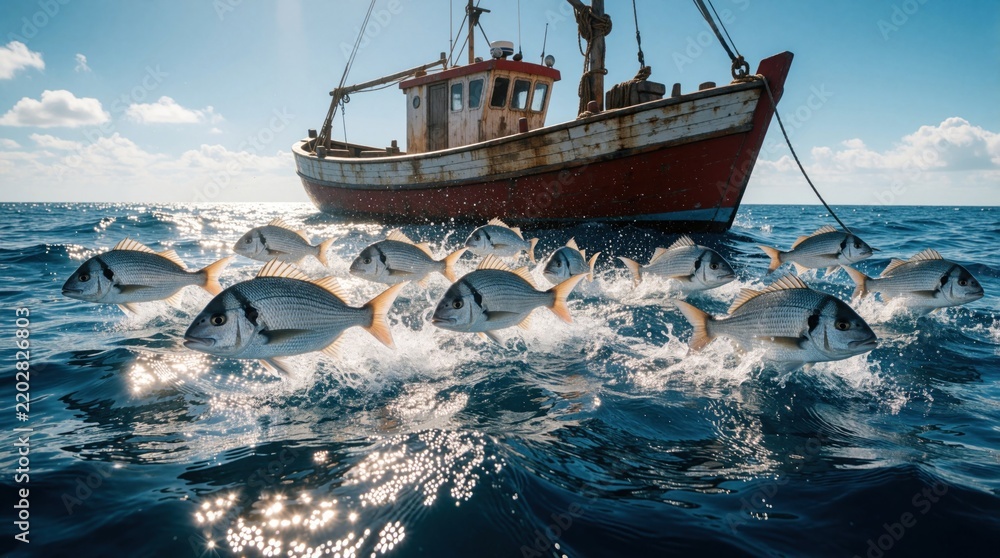Obraz premium Fishing boat sails over wavy blue sea. School of fish swims near surface. Ocean water sparkles under bright sun. Nautical scene unfolds during day.