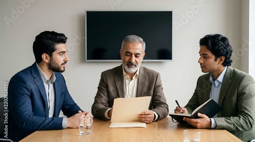 Three professionals collaborating in a meeting.