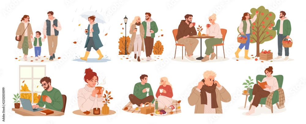 Fototapeta premium Cozy Autumn Lifestyle Collection with People Enjoying Seasonal Activities and Everyday Moments. Vector Illustration.