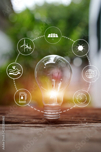 Glowing Light Bulb with Renewable Green Energy Icons