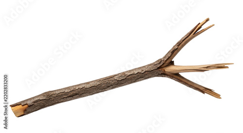 A single brown wooden stick, broken in the middle, showing splintered wood, isolated on a white background.