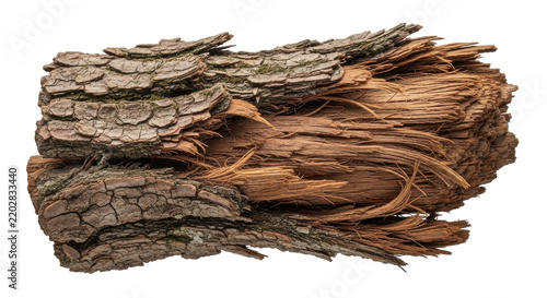Close-up of a textured piece of tree bark, partially splintered and broken, isolated on a white background.