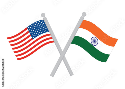United States and India Crossed Flags on Poles, Waving National Flags Symbolizing Friendship, International Relations and Bilateral Partnership