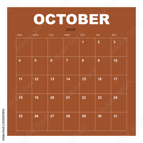 Brown October 2026 Monthly Planner Calendar with Clean Grid Layout, Minimal Typography, and Warm Earthy Design for Organized Scheduling