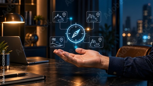 Smart Travel Booking and Destination Navigation Concept with Holographic Compass and Vacation Icons Over Open Hand