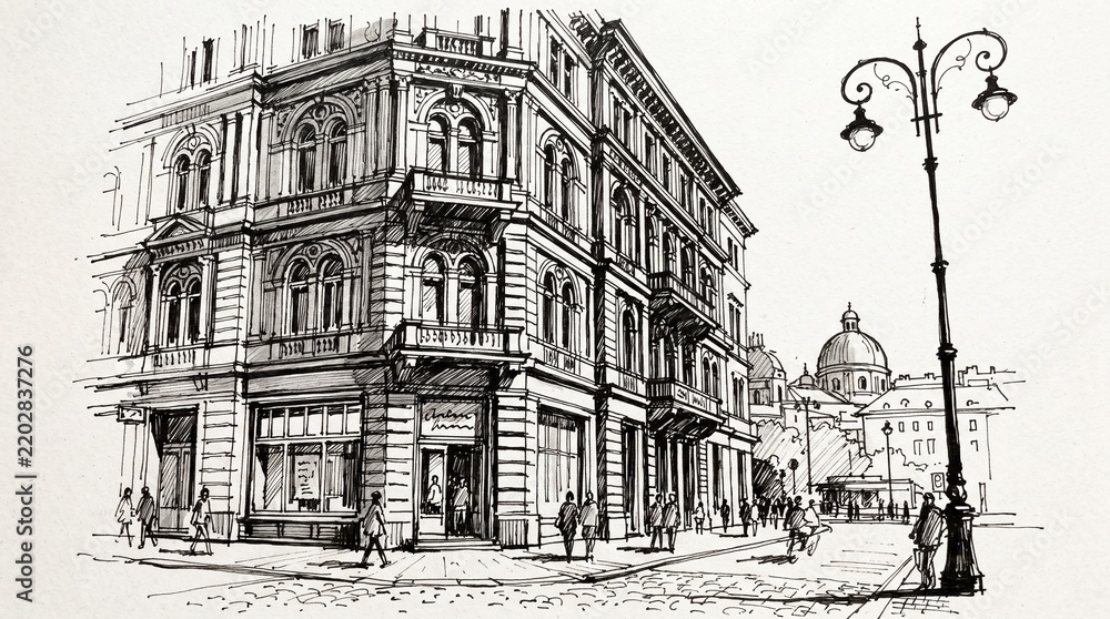 Fototapeta premium Detailed architectural sketch showing historic European urban street corner featuring ornate buildings and walking pedestrians