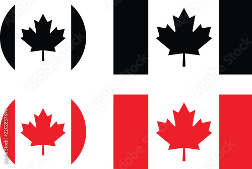 Canada flag vector set, red and white Canadian national flag in rectangular and circular shapes, maple leaf emblem icons for travel and government