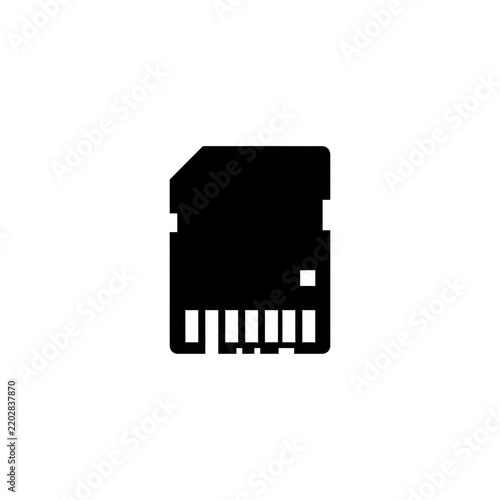 Black sd card vector icon representing digital data storage and electronic devices.