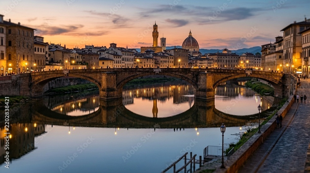 Obraz premium Florence cityscape at twilight with Ponte Vecchio and Arno River reflection
