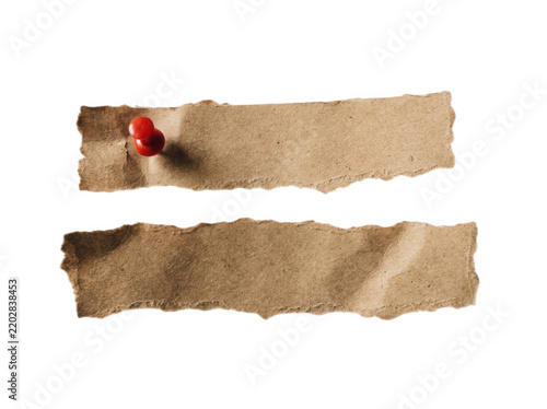 Two torn brown paper tape strips with red push pin isolated on transparent background