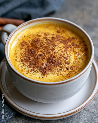 Golden turmeric latte drink in ceramic mug with spice top on table top