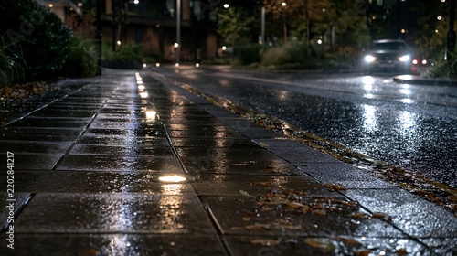 Wet night street and sidewalk with glowing ground lights and car in back