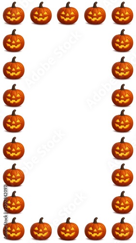 3D animated vertical frame border made of glowing carved Jack o Lantern pumpkins on white background for Halloween video overlay