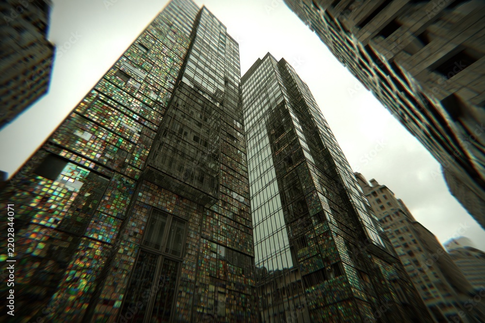 Obraz premium Tall buildings made of glass and metal are visible in a city setting under overcast skies. The structures appear reflective